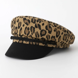Women Vintage Leopard Print Navy Hat Flat Top Newsboy Cap With Braided Rope Metal Button Retro Sailor Hat Fashion Accessory