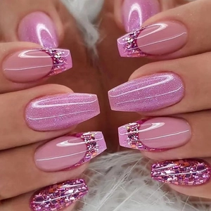 Pink Glitter French Tip Press On Nails Coffin Ballerina Shape False Nail Art For Women Girls Reusable Manicure DIY
