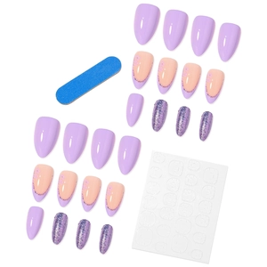 Faux ongles lavande pailletés forme amande avec motifs floraux et kit complet
