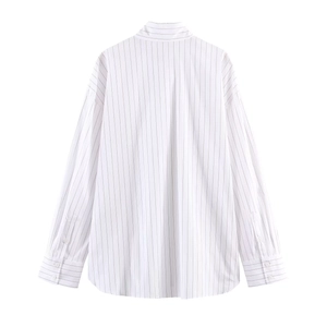 Back view of a white poplin long sleeve shirt with black thin vertical stripes