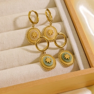 Bohemian 14K gold plated earrings with oval natural stone and gold star inlay