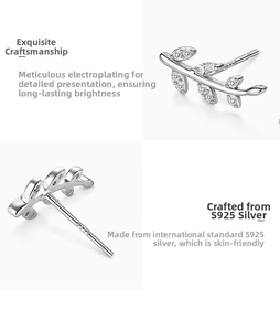 Macro shot of S925 sterling silver branch stud earrings with sparkling cubic zirconia