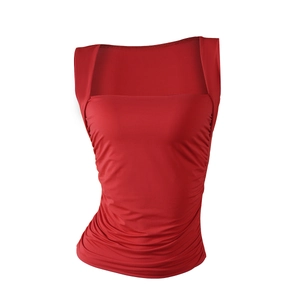 Close-up of red square neck tank top with elegant shirred details and stretch fabric
