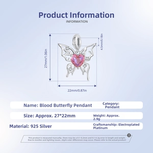 Macro detail of S925 sterling silver butterfly pendant with pink heart gemstone and sizing