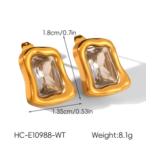 Détail macro de boucles d'oreilles dorées avec zircon rectangle, taille 1,8cm sur 1,35cm