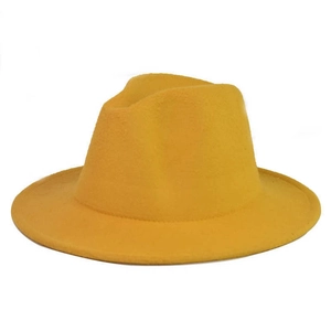 Detail of yellow wool felt fedora with flat brim and metallic belt buckle accent