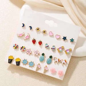 Detailed set of 15 pairs of colorful enamel stud earrings with cute animal and fruit shapes