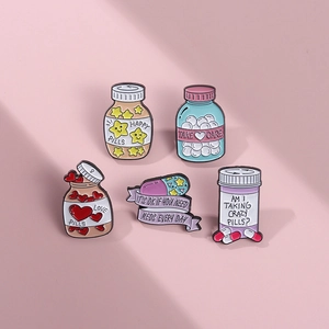 5pcs set of colorful enamel pill bottle pins with Happy Pills and Take Care slogans