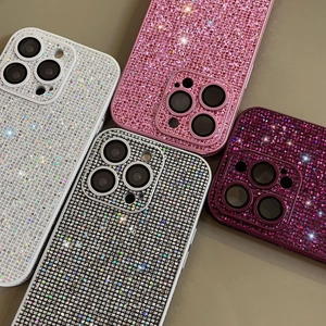 Close-up of four glitter diamond iPhone cases in silver, pink, purple, and iridescent colors