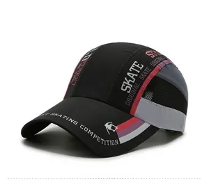 Side view of black quick-dry baseball cap with grey mesh and white SKATE lettering