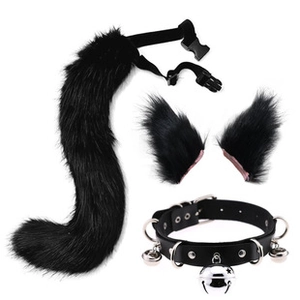 Detail of plush black fox ears, tail, and bell collar for animal cosplay accessories