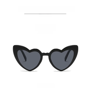 Front view of stylish heart-shaped sunglasses with black frames and grey lenses