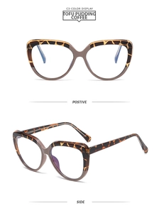 Detail view of cat-eye TR90 frames with tortoiseshell top and translucent brown bottom