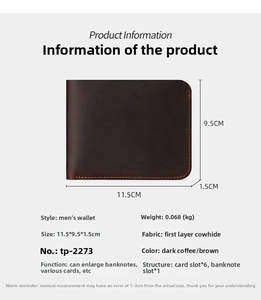 Tabella taglie dettagliata con dimensioni 11,5x9,5x1,5 cm per portafoglio in pelle uomo