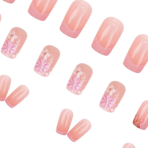 Pink French glitter ombre press-on nails set with floral patterns and 24 pieces