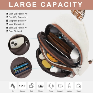 White and brown PU leather crossbody chest bag with large capacity and multi-layer storage