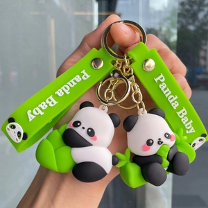 Cute Cartoon Panda Keychain PVC Silicone Animal Bag Pendant Backpack Accessory With Wrist Strap Golden Metal Ring
