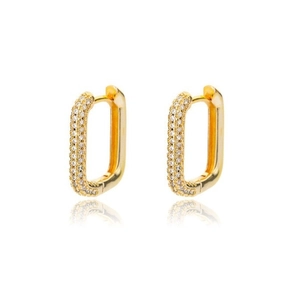 Detail of gold rectangular geometric huggie earrings with white zircon micro-pave
