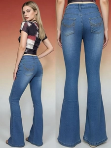 Detail showing high-waisted denim flare pants with wave embroidery on back pockets