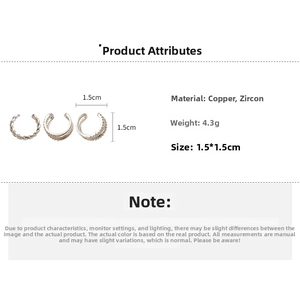 Macro detail of three-piece silver zircon ear cuffs showing 1.5cm size and copper material
