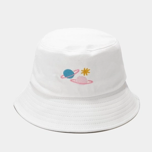 Close-up of colorful planet embroidery and stitching on a white canvas bucket hat