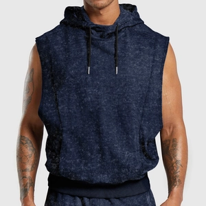 Men's dark blue marble print sleeveless hoodie with athletic drawstring design