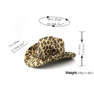 Detail view of leopard print cowboy hat with dimension labels for brim and height