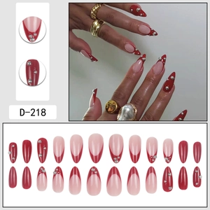 French almond press-on nails in deep red and pink with silver beads and 24 pieces set