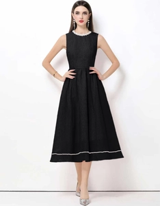 Vestito Midi Senza Maniche Elegante Scollo Tondo Künstliche Perle Sintetiche Texturizzato Vita Alta Slim Fit Linea A Retro Nero Donna