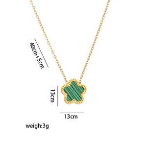 Titanium steel necklace with green shell flower pendant and crystal accents for women