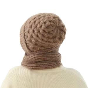Brown knit integrated hood scarf set with thick plush lining for winter warmth