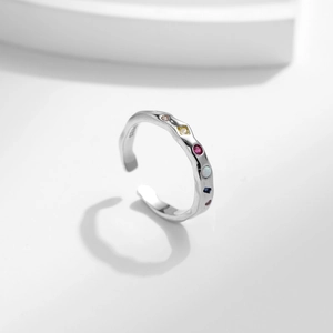 Irregular textured 925 sterling silver open ring with multi-color gradient gemstones
