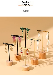 Three-piece wooden base T-bar earring display stands with assorted fashion jewelry styles