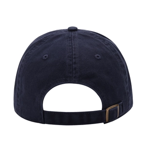 Navy blue baseball cap rear view featuring an adjustable metal buckle on high-quality fabric