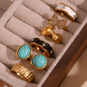 Set of 6 vintage 18K gold plated stainless steel rings with turquoise and butterfly designs