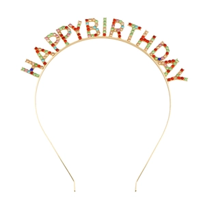 Macro view of golden metal headband featuring colorful rhinestones HAPPY BIRTHDAY text
