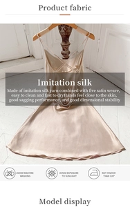Detail of five satin weave champagne silk nightgown with sleek texture and high luster