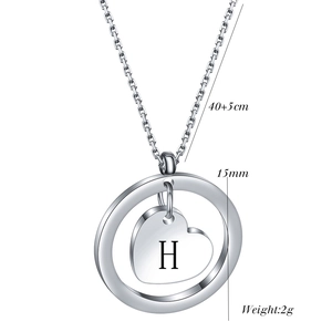 Polished stainless steel letter H heart pendant necklace with dimensions 15mm by 40+5cm