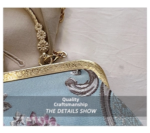 Macro detail of sky blue jacquard fabric with floral embroidery and antique gold metal frame