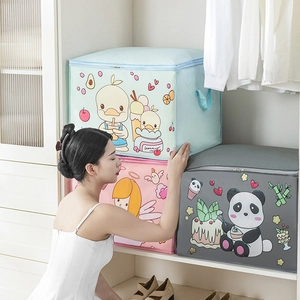Detail of cartoon storage bag with reinforced side handle and secure zipper closure