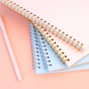 Pastellrosa und blauer 52-Wochen-Planer mit Spiralbindung und passendem Stift dazu