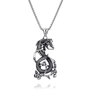 Pendentif dragon viking rétro en acier inoxydable argent antique avec relief détaillé
