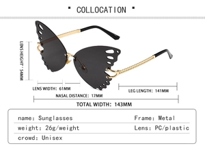 Detailed dimensions of butterfly sunglasses with black lenses and gold metal frame