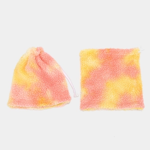 Winter tie-dye plush hat and neck warmer set in bright pink and yellow gradient faux fur