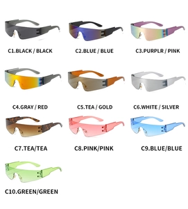 Grid display of rimless Y2K sports sunglasses in ten vibrant gradient colors and styles