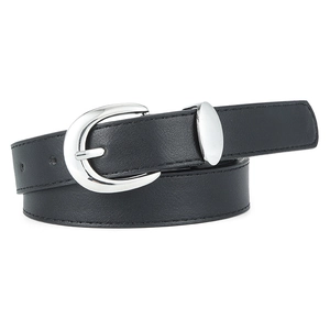 Classic black PU leather belt for women featuring a sleek silver metal buckle on white background