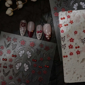 3D red cherry and flower nail art stickers with vintage 5D relief design and adhesive backing