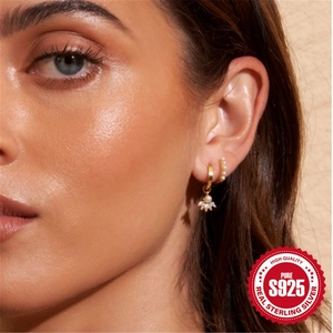 S925 sterling silver gold earrings set with elephant charm, pearls and sparkling crystals