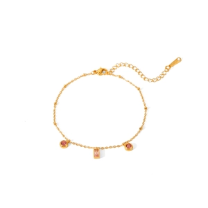 Adjustable 18K gold-plated stainless steel bracelet with pink zircon stone pendants