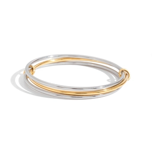 Three-tone interlocking 18K gold and silver stainless steel layered bangle bracelet